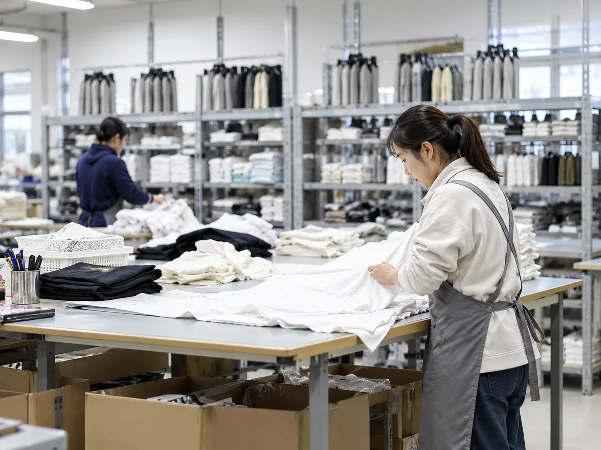 Finishing tables with folded garments and packing cartons