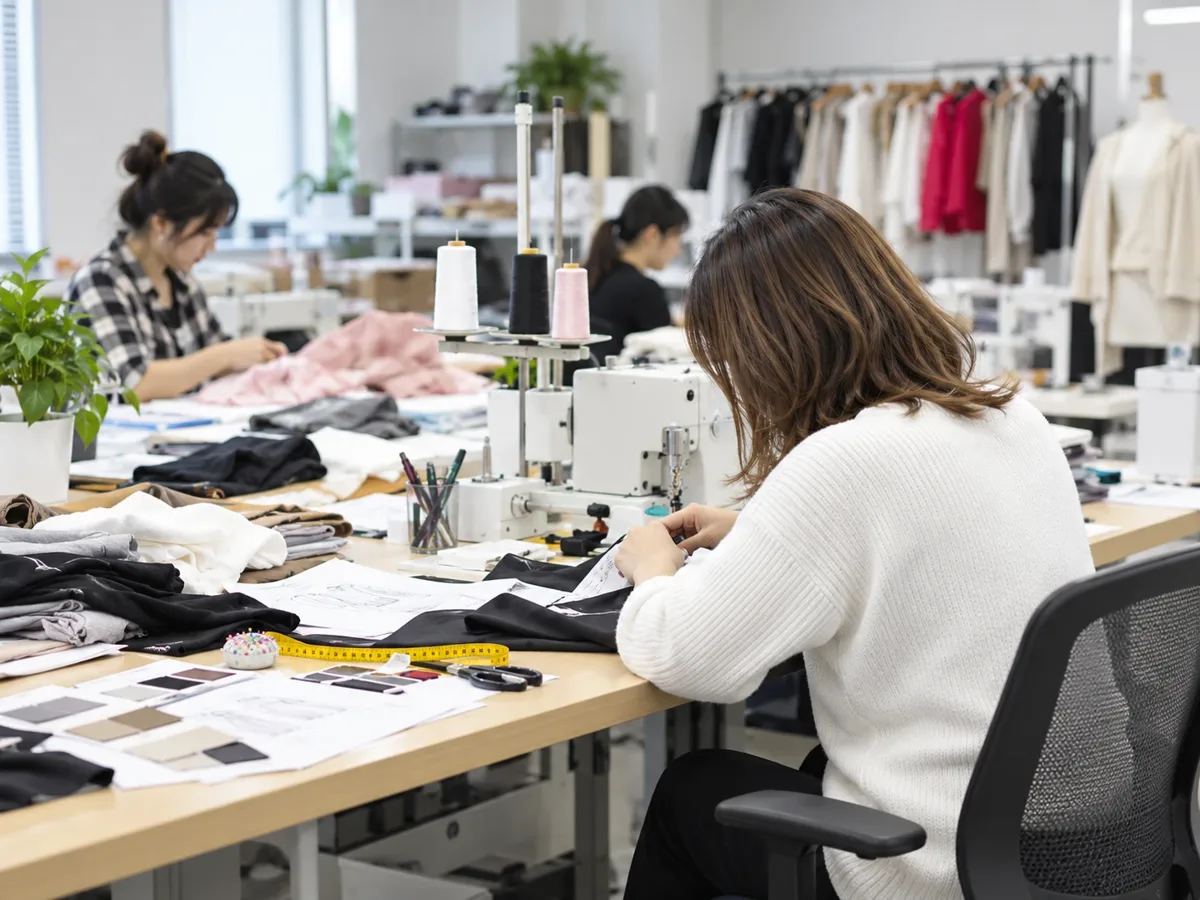 Sample room with pattern drafts, swatches and sewing machines