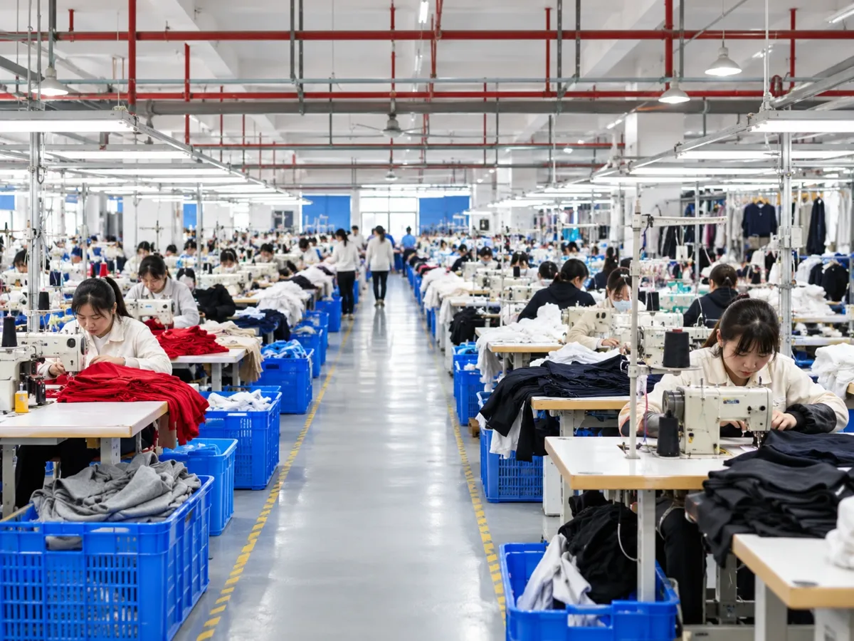 Sewing floor with rows of industrial sewing machines