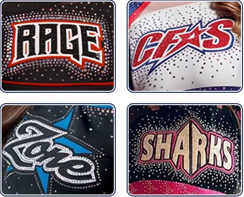 Rhinestone team logos on cheer uniforms