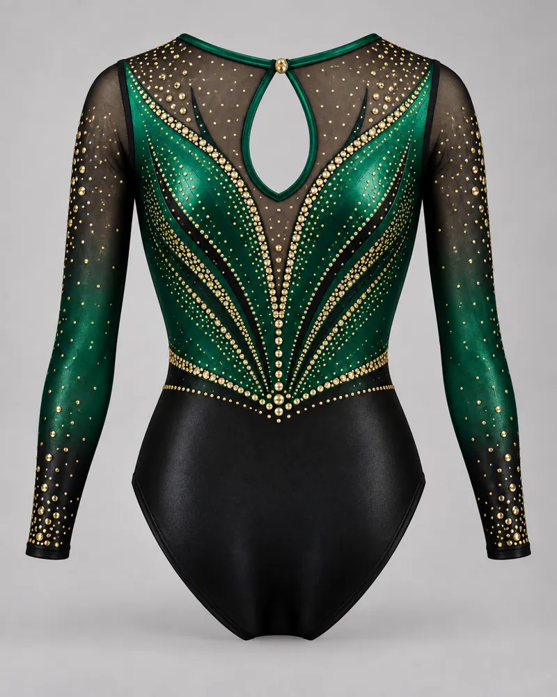 Emerald Lattice Mesh Long-Sleeve Leotard – back view