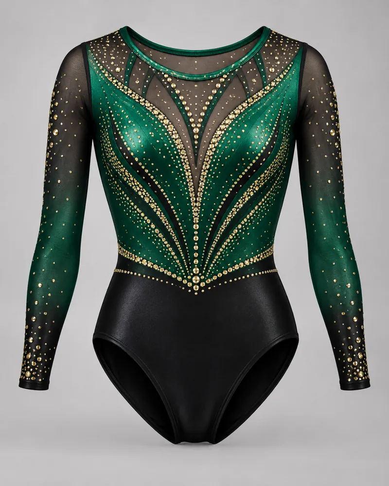 Emerald Lattice Mesh Long-Sleeve Leotard – front view