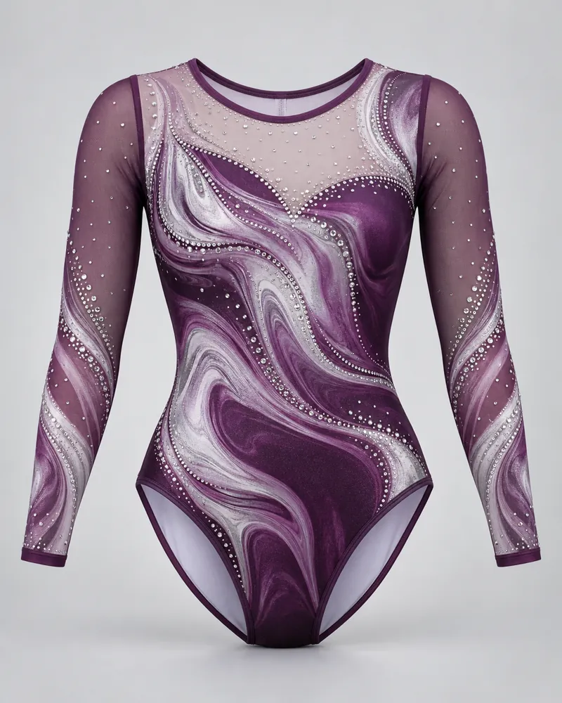 Plum Marble Swirl Long-Sleeve Leotard – front view