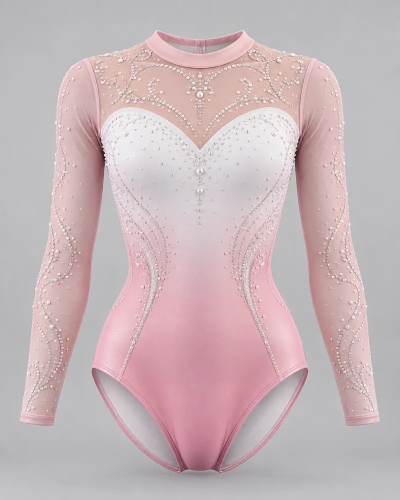 Blush Lace Scroll Long-Sleeve Leotard – front view