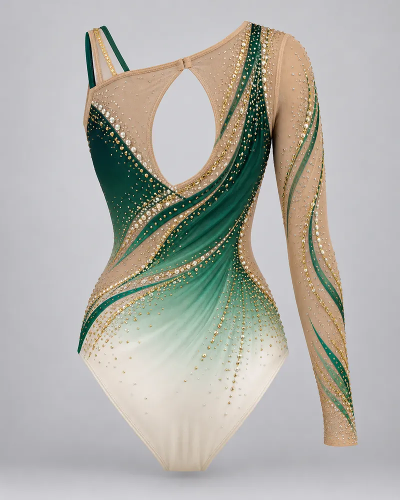 Jade Ribbon One-Shoulder Rhythmic Leotard – back view