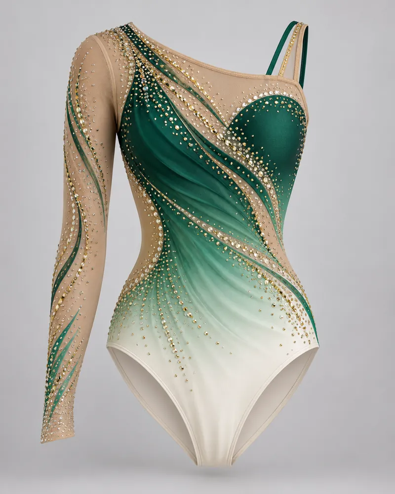 Jade Ribbon One-Shoulder Rhythmic Leotard – front view
