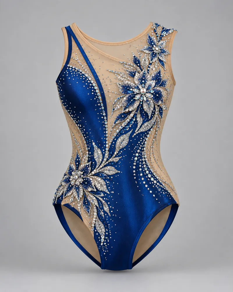 Sapphire Floral Appliqué Rhythmic Leotard – front view