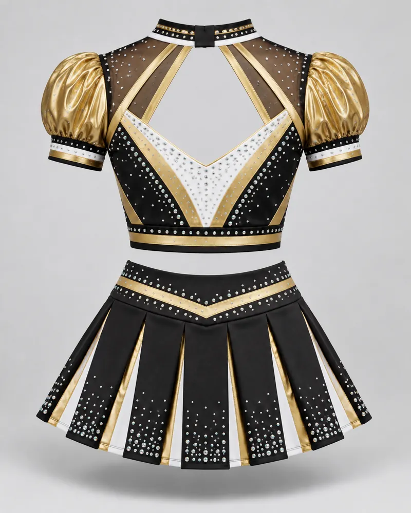 Black & Gold Puff-Sleeve Cheer Uniform – back view