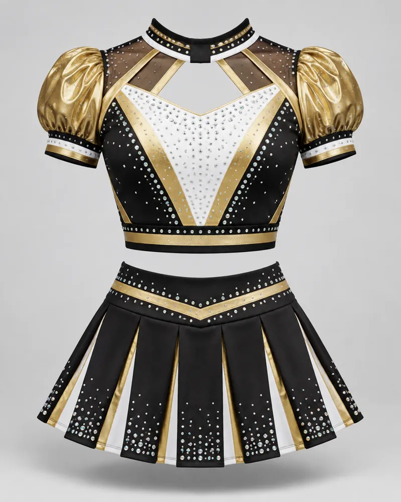 Black & Gold Puff-Sleeve Cheer Uniform – front view