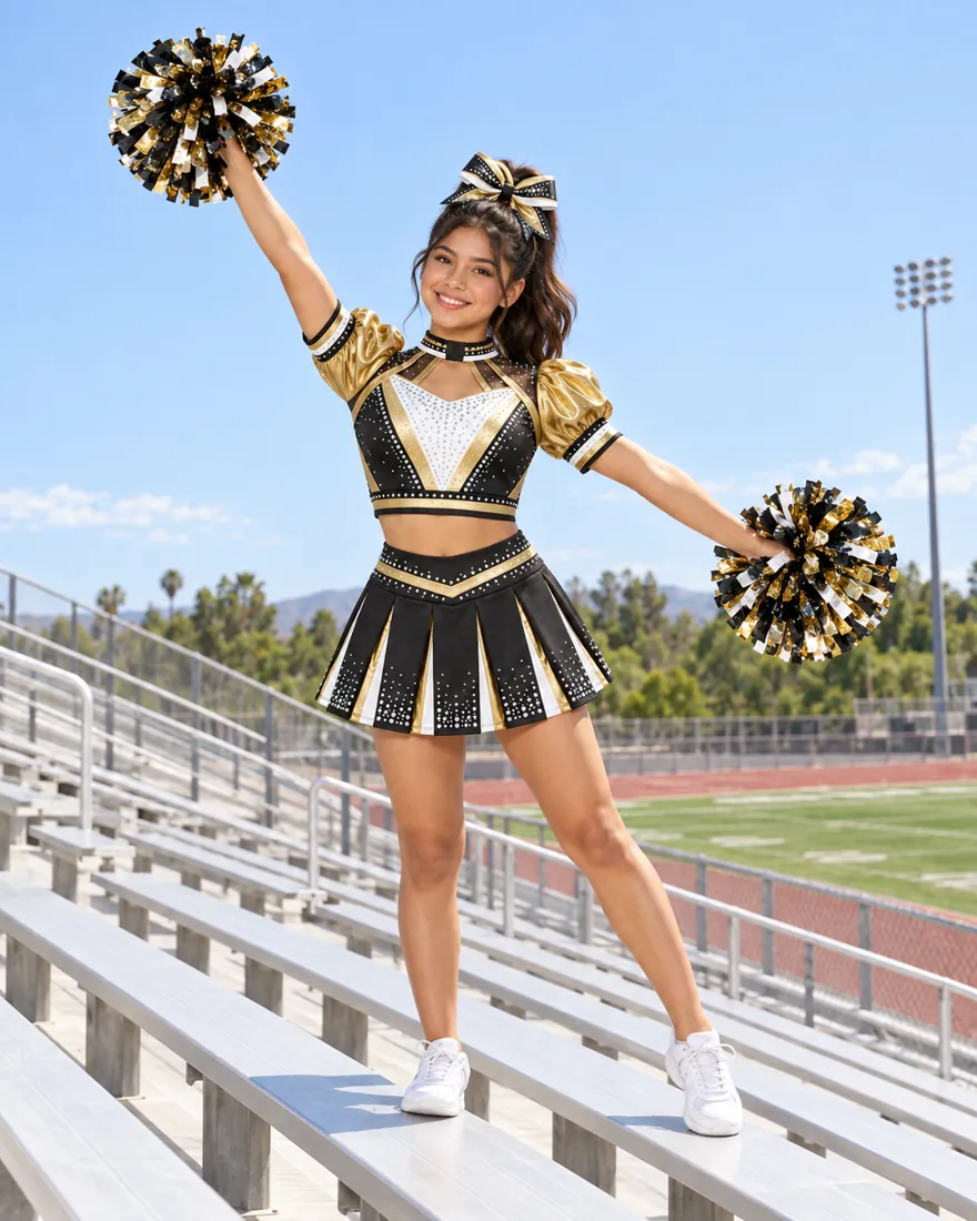 Black & Gold Puff-Sleeve Cheer Uniform – teen fit view