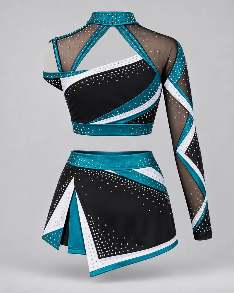Teal Asymmetric One-Sleeve Cheer Uniform – back view