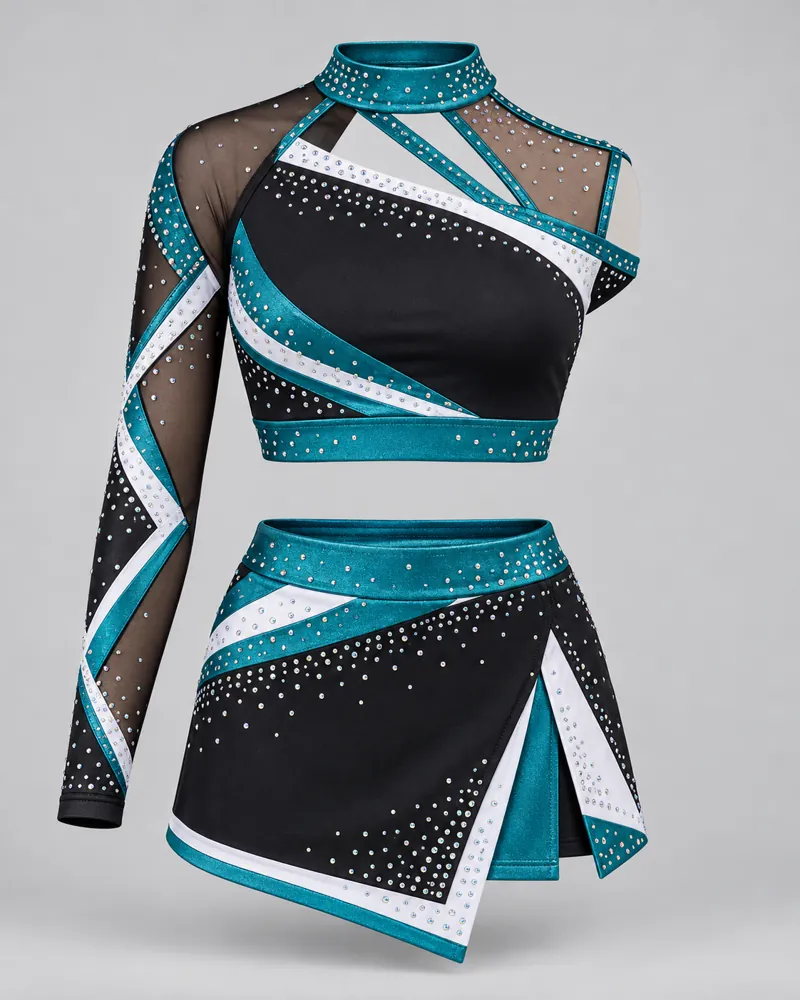 Teal Asymmetric One-Sleeve Cheer Uniform – front view