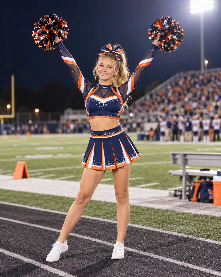 Navy & Orange Strappy-Back Cheer Uniform – teen fit view