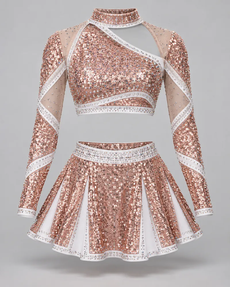 Rose Gold Sequin Stage Cheer Uniform – front view