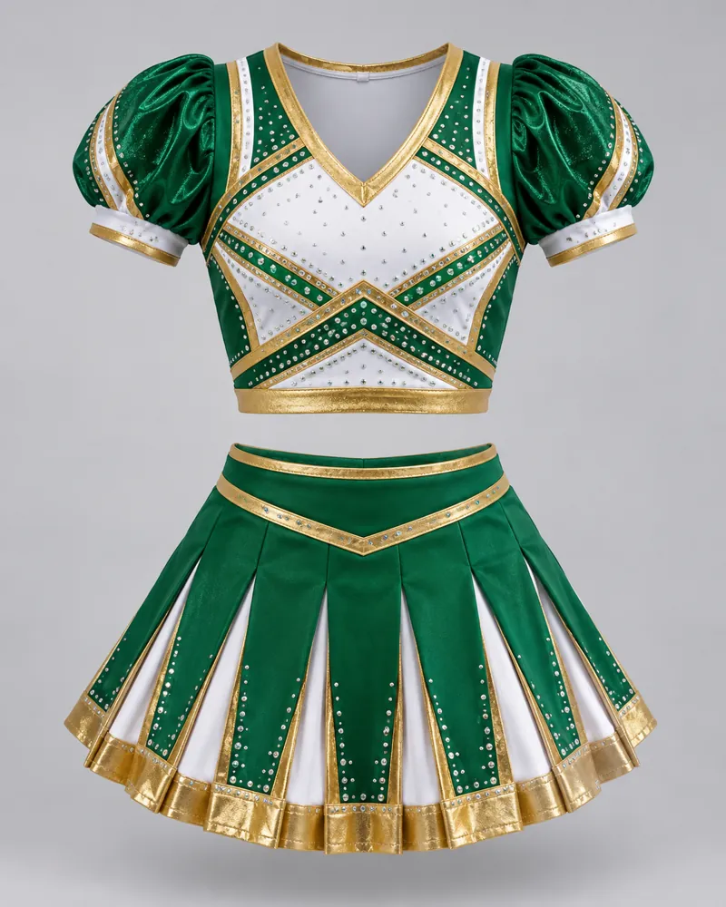 Kelly Green Puff-Sleeve Cheer Uniform – front view