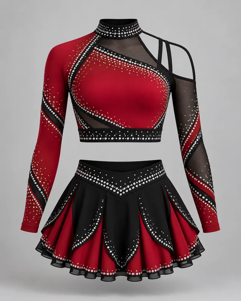 Crimson Asymmetric Flare Cheer Uniform – front view