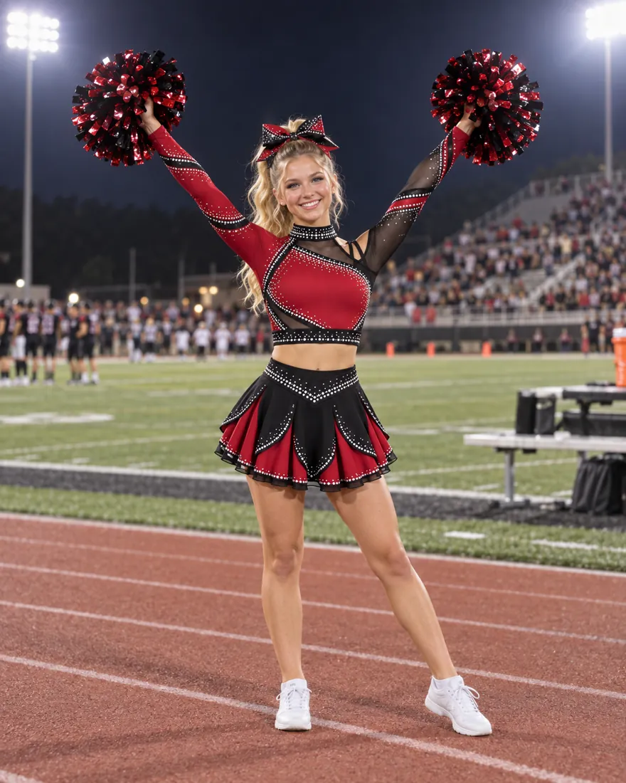 Crimson Asymmetric Flare Cheer Uniform – teen fit view