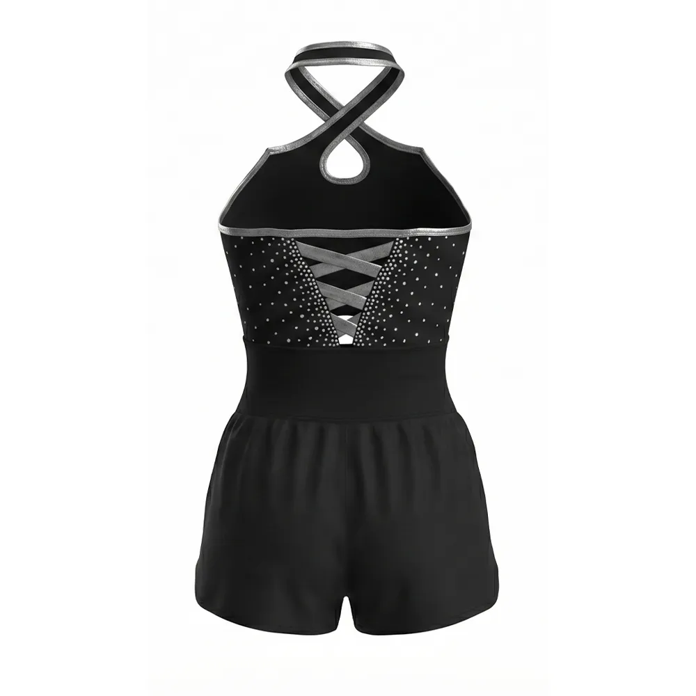 Rhinestone Cross Halter Neck Sleeveless Crop Top with Shorts Two Piece Set All Star Cheerleading Uniform – photo 4