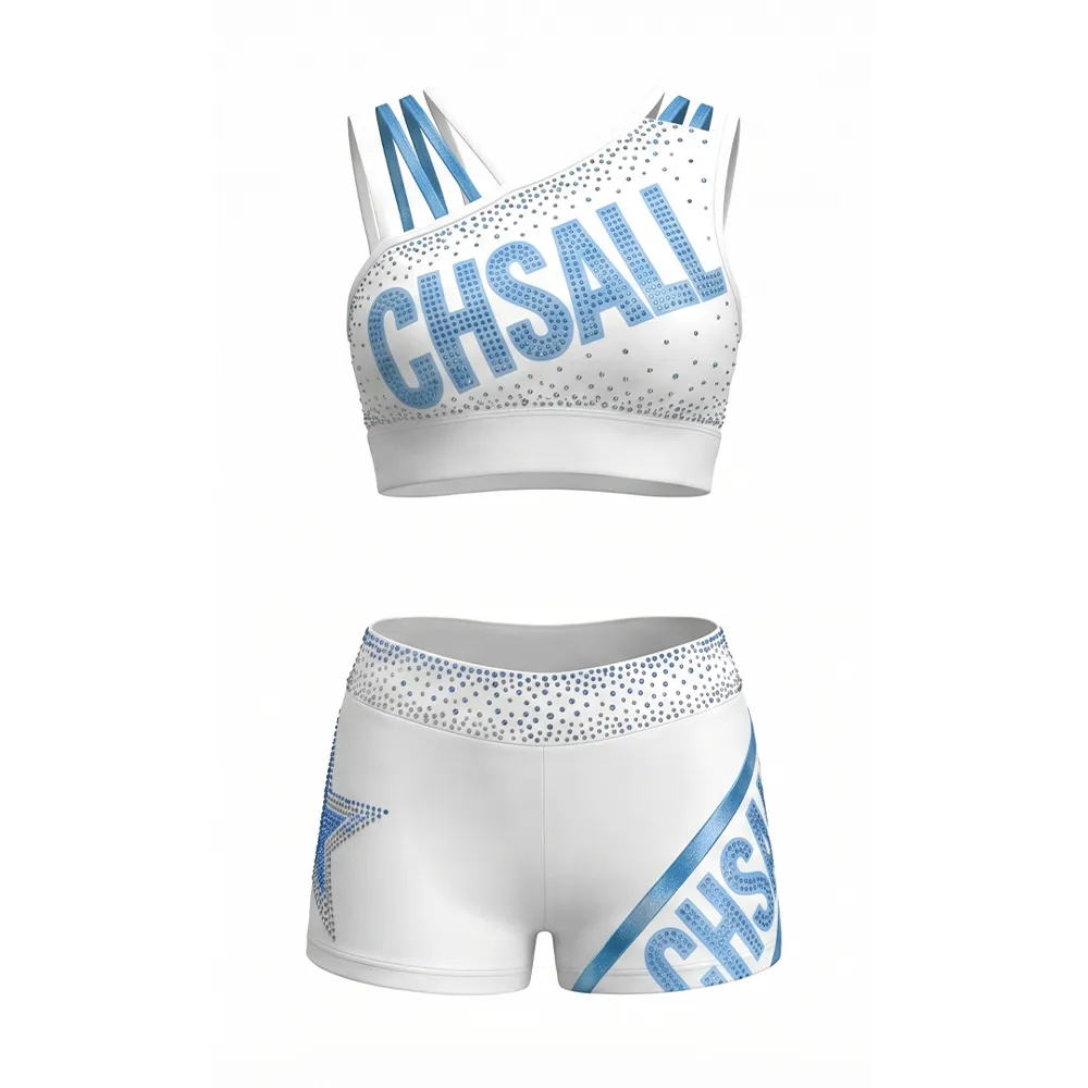 Rhinestone One Shoulder Strap Crop Top Shorts Two Piece Set Girls Competition All Star Cheerleading Uniform – photo 2