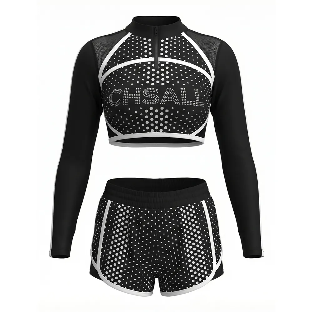 Rhinestone Long Sleeve Crop Top Two Piece Set Practice Dance Wear All Star Cheerleading Uniform – photo 3