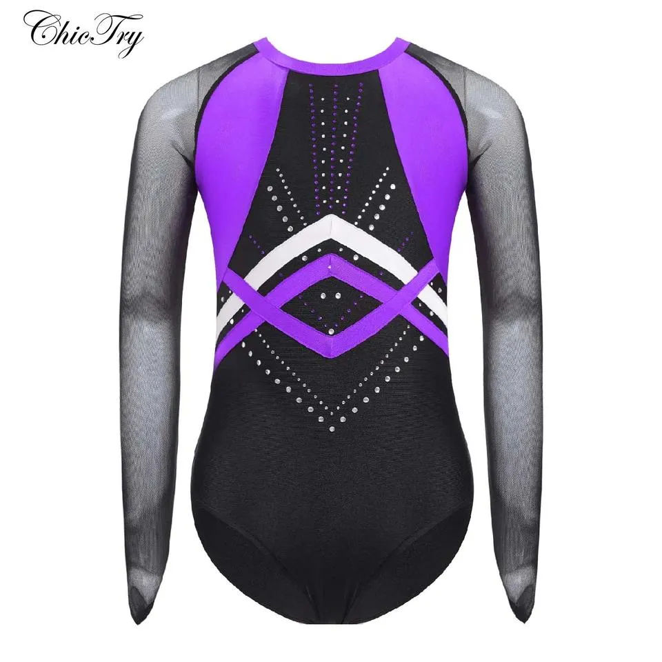 Kids Girls Ballet Dance Leotard Rhinestones Gymnastics Bodysuit Sheer Mesh Long Sleeve Patchwork Figure Skating Costume – photo 2