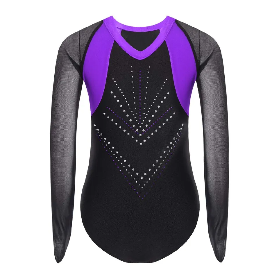 Kids Girls Ballet Dance Leotard Rhinestones Gymnastics Bodysuit Sheer Mesh Long Sleeve Patchwork Figure Skating Costume – photo 3