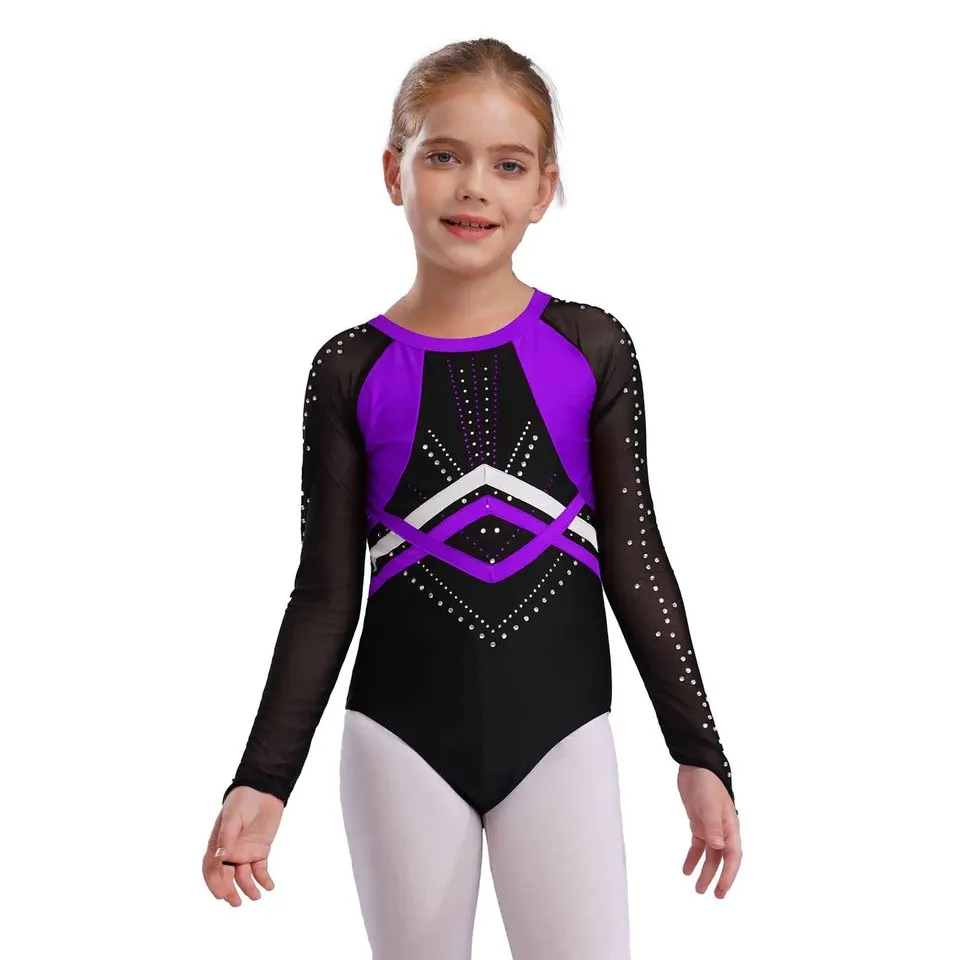 Kids Girls Ballet Dance Leotard Rhinestones Gymnastics Bodysuit Sheer Mesh Long Sleeve Patchwork Figure Skating Costume – photo 4