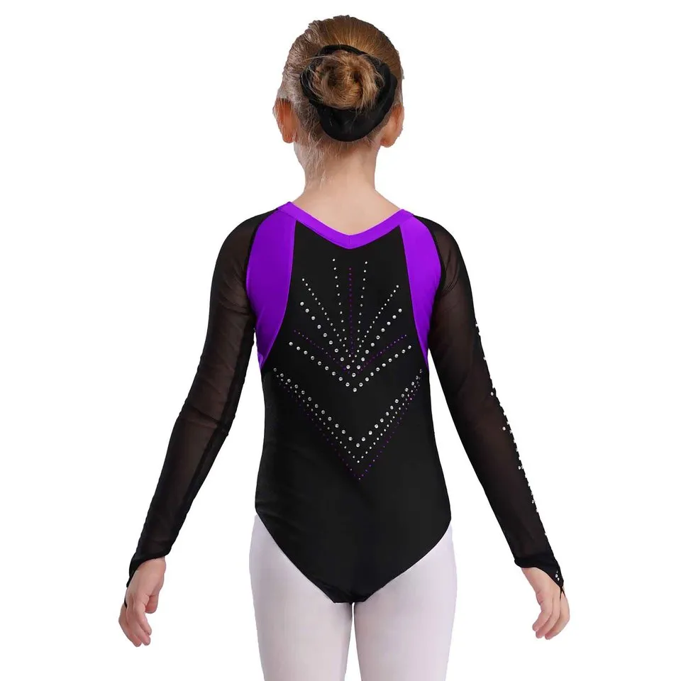 Kids Girls Ballet Dance Leotard Rhinestones Gymnastics Bodysuit Sheer Mesh Long Sleeve Patchwork Figure Skating Costume – photo 5