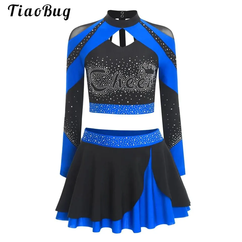 CHSALL Women's 100% Polyester Rhinestone Cheerleader Outfits Shiny Cheerleading Uniform Costume Long Sleeve Hollow Crop Top + – photo 2