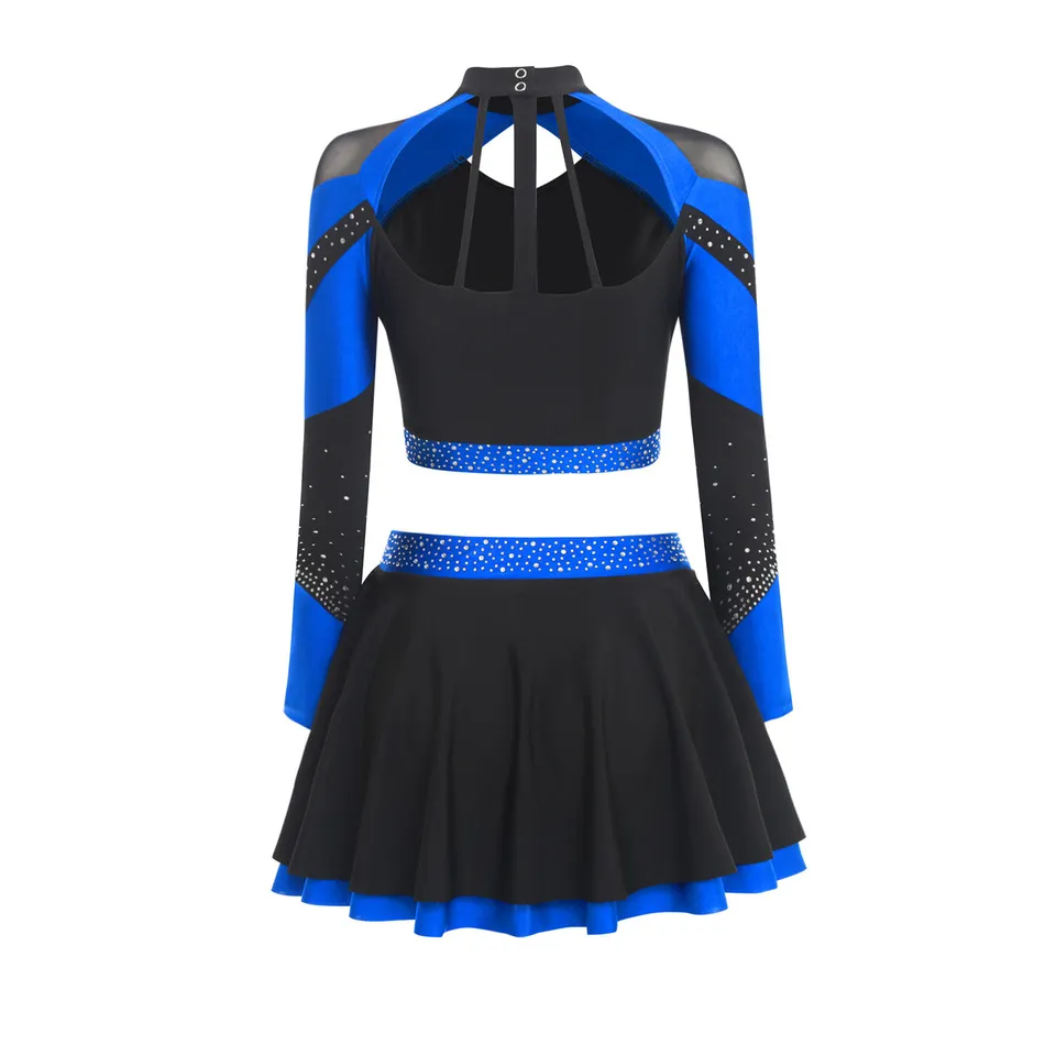 CHSALL Women's 100% Polyester Rhinestone Cheerleader Outfits Shiny Cheerleading Uniform Costume Long Sleeve Hollow Crop Top + – photo 3