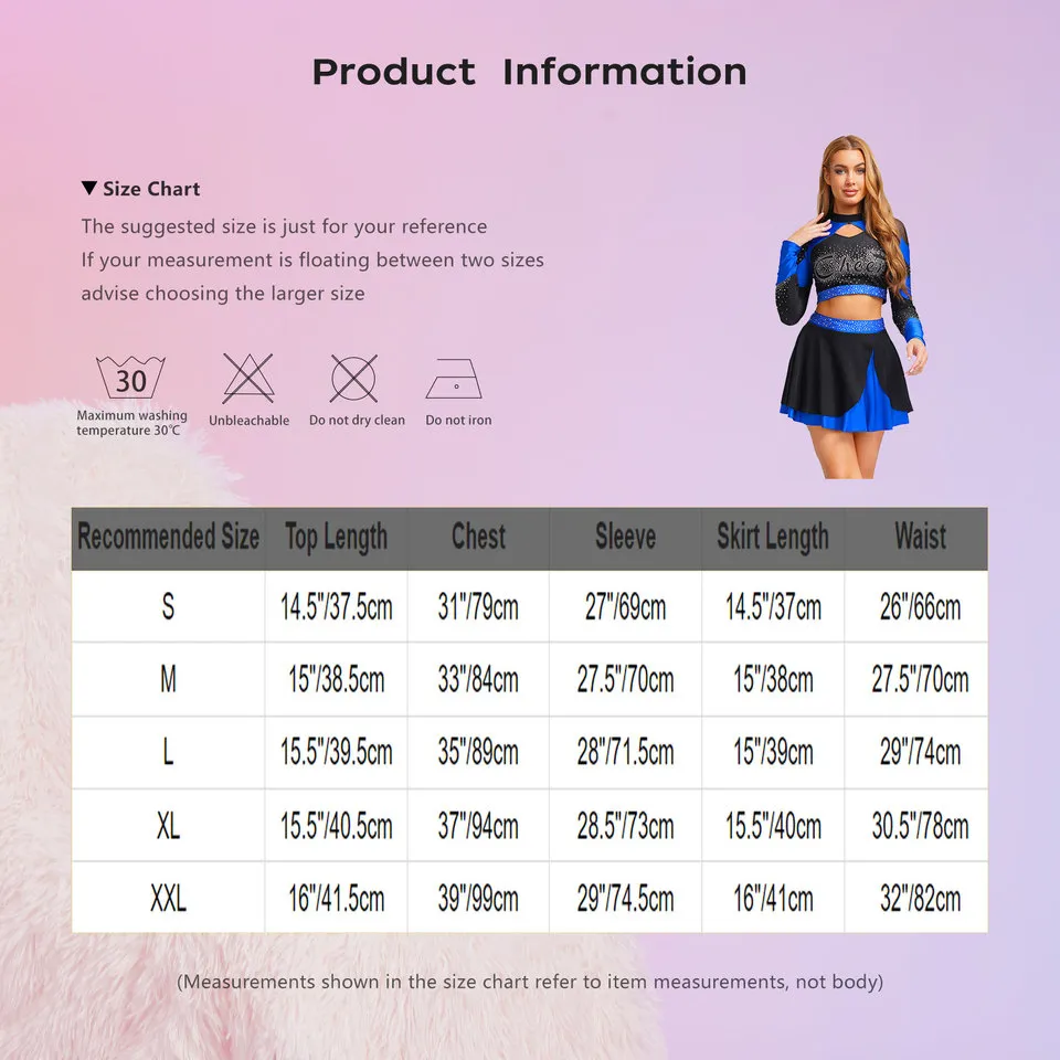 CHSALL Women's 100% Polyester Rhinestone Cheerleader Outfits Shiny Cheerleading Uniform Costume Long Sleeve Hollow Crop Top + – photo 4