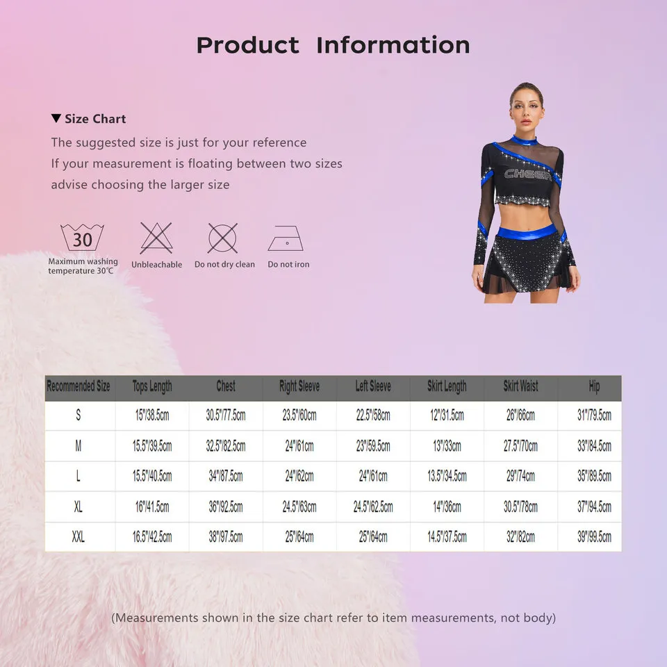 CHSALL Women's 100% Polyester Rhinestone Cheerleader Outfits Shiny Cheerleading Uniform Costume Long Sleeve Hollow Crop Top + – photo 5
