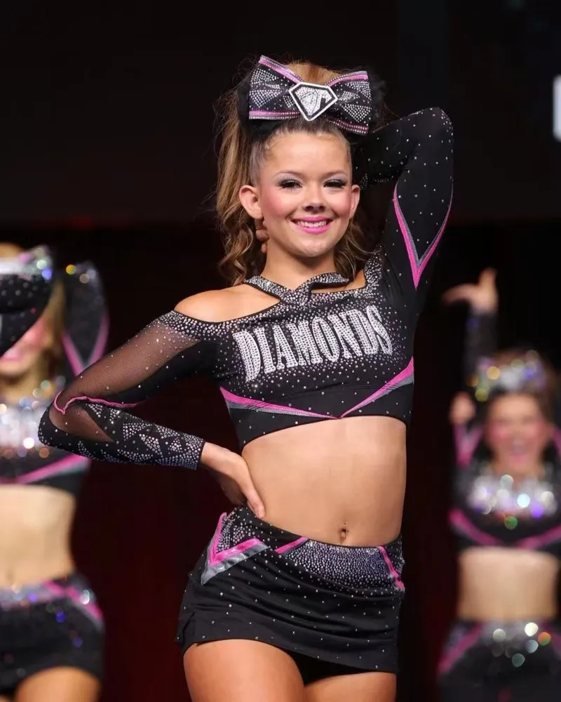 Women Cheerleader Uniform Sparkle Diamond Cheerleading Outfit Rhinestone Technique Set Style Spandex/Polyester – photo 3