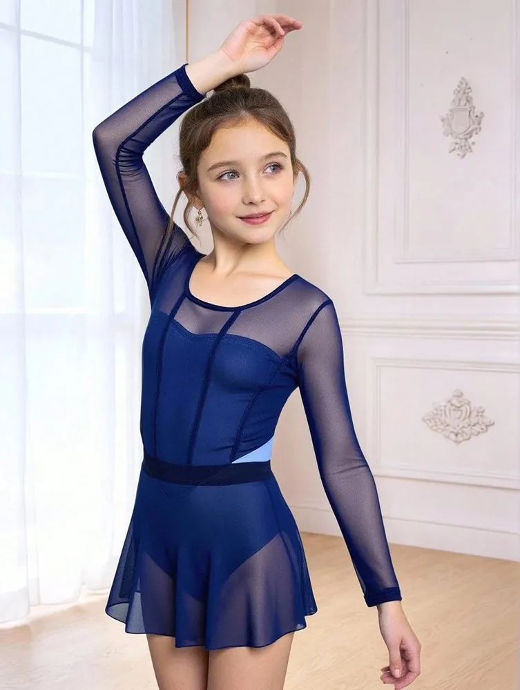 Long Sleeve Children's Figure Skating Costume Rhythmic Gymnastics Leotard with Spandex Polyester Sparkly Chiffon Skirt – photo 2