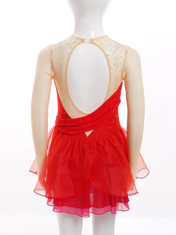 Figure Ice Skating Dress Girls Glittery Rhinestone Long Sleeve Performance Costume – photo 3