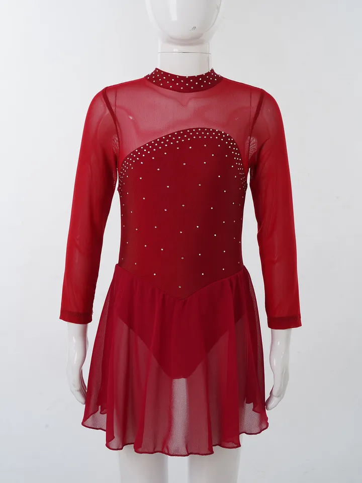Figure Ice Skating Dress Girls Glittery Rhinestone Long Sleeve Performance Costume – photo 5