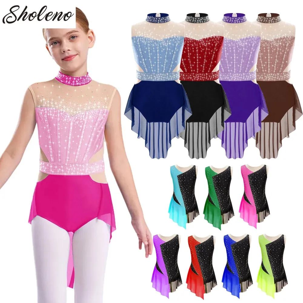 Lyrical Dance Leotard for Girls Mock Neck Rhinestone Mesh Skirted Leotard Size 6-16 – photo 2