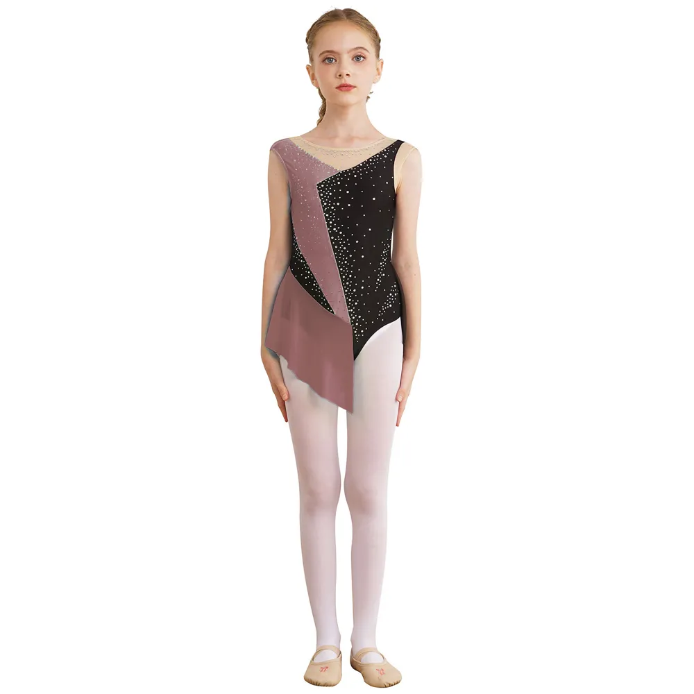 Lyrical Dance Leotard for Girls Mock Neck Rhinestone Mesh Skirted Leotard Size 6-16 – photo 4
