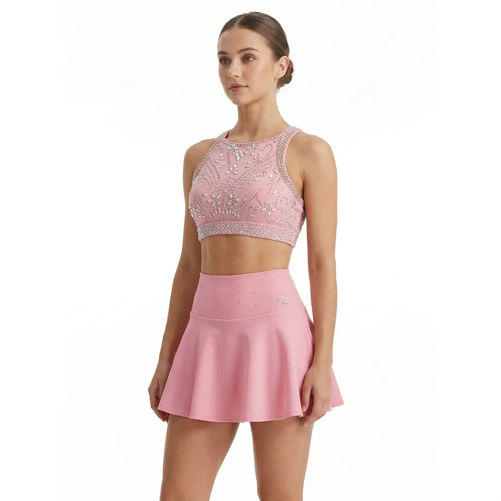 Cheerleading Uniform Set Rhinestone Embellished Halter Top with Skirt Shorts for Cheer practice ware – photo 2
