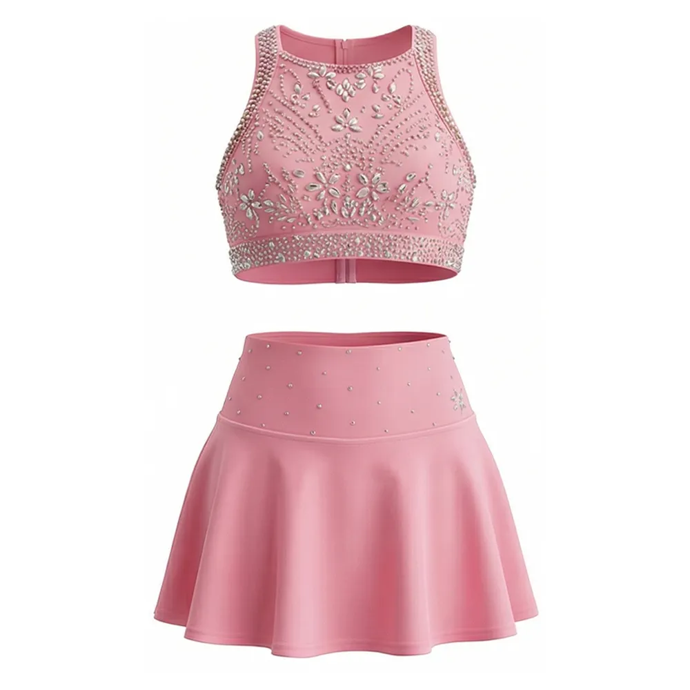 Cheerleading Uniform Set Rhinestone Embellished Halter Top with Skirt Shorts for Cheer practice ware – photo 3