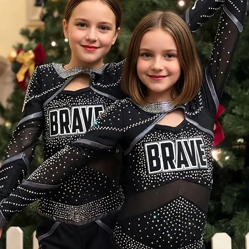 New Arrivals Children's Cheerleading Uniform Sets in Black and Rose-red Spandex/Polyester Material for Girls Cheer Practice – photo 3