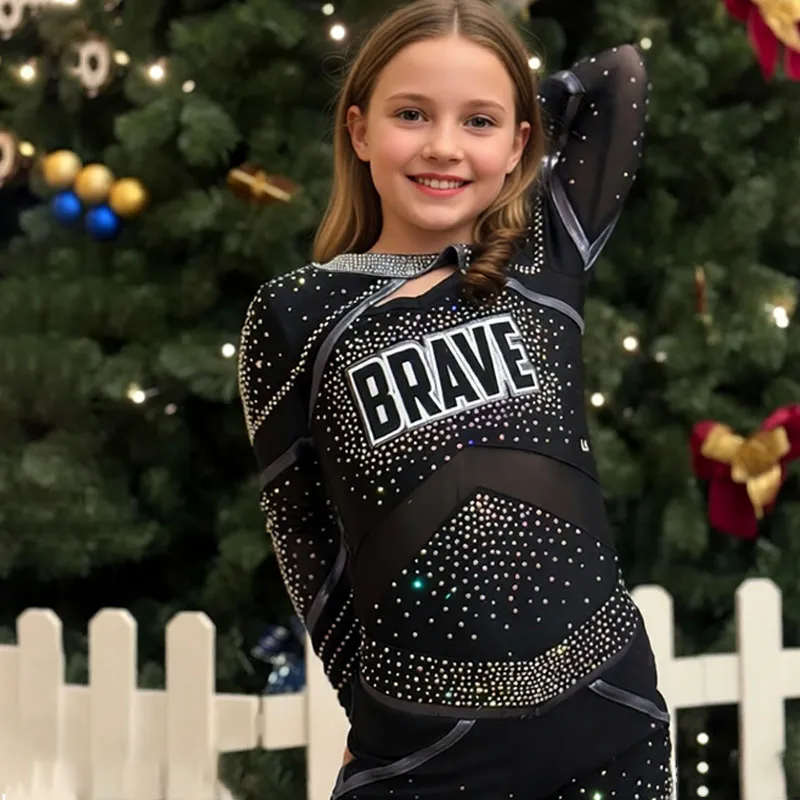 New Arrivals Children's Cheerleading Uniform Sets in Black and Rose-red Spandex/Polyester Material for Girls Cheer Practice – photo 4
