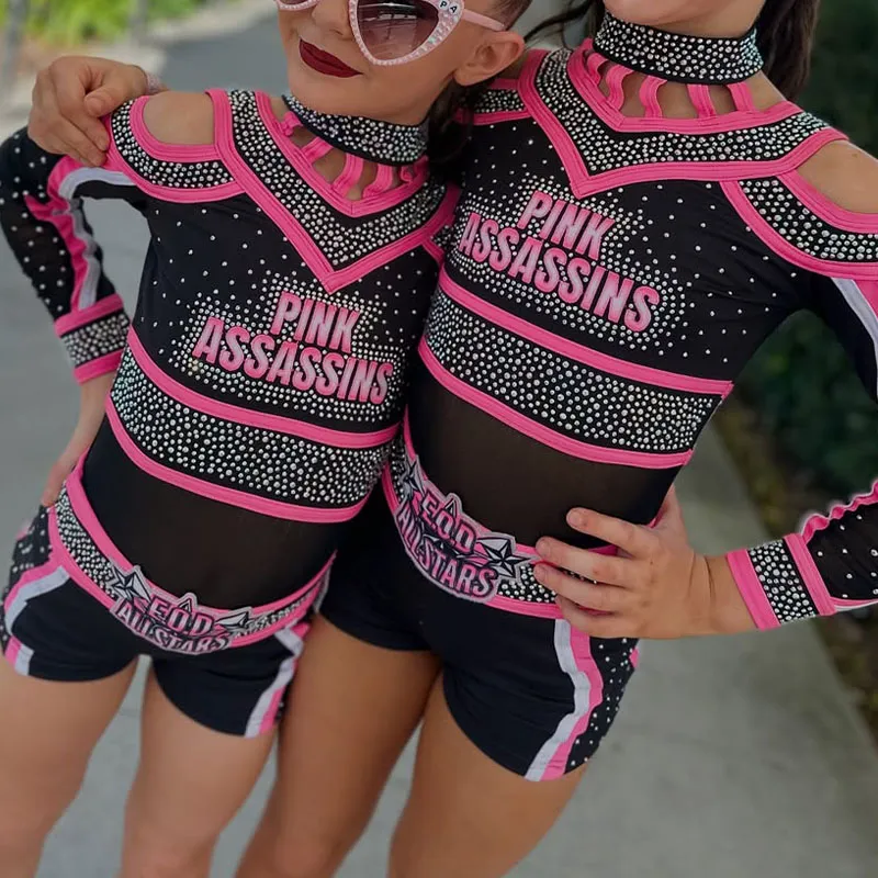 Sparkly Rhinestone Embellished Cheerleading Uniform Pink Black Colorblock Long Sleeve Cheer Competition Training Apparel – photo 2