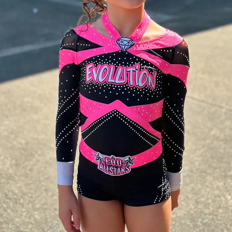 Sparkly Rhinestone Embellished Cheerleading Uniform Pink Black Colorblock Long Sleeve Cheer Competition Training Apparel – photo 4