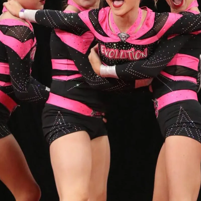 Sparkly Rhinestone Embellished Cheerleading Uniform Pink Black Colorblock Long Sleeve Cheer Competition Training Apparel – photo 6