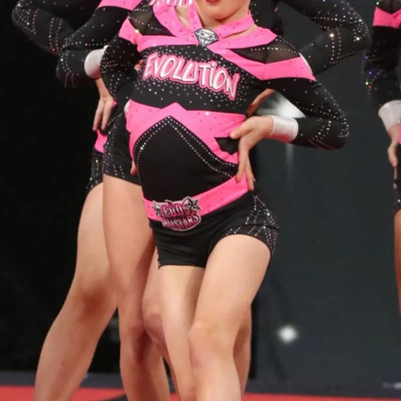 Sparkly Rhinestone Embellished Cheerleading Uniform Pink Black Colorblock Long Sleeve Cheer Competition Training Apparel – photo 7