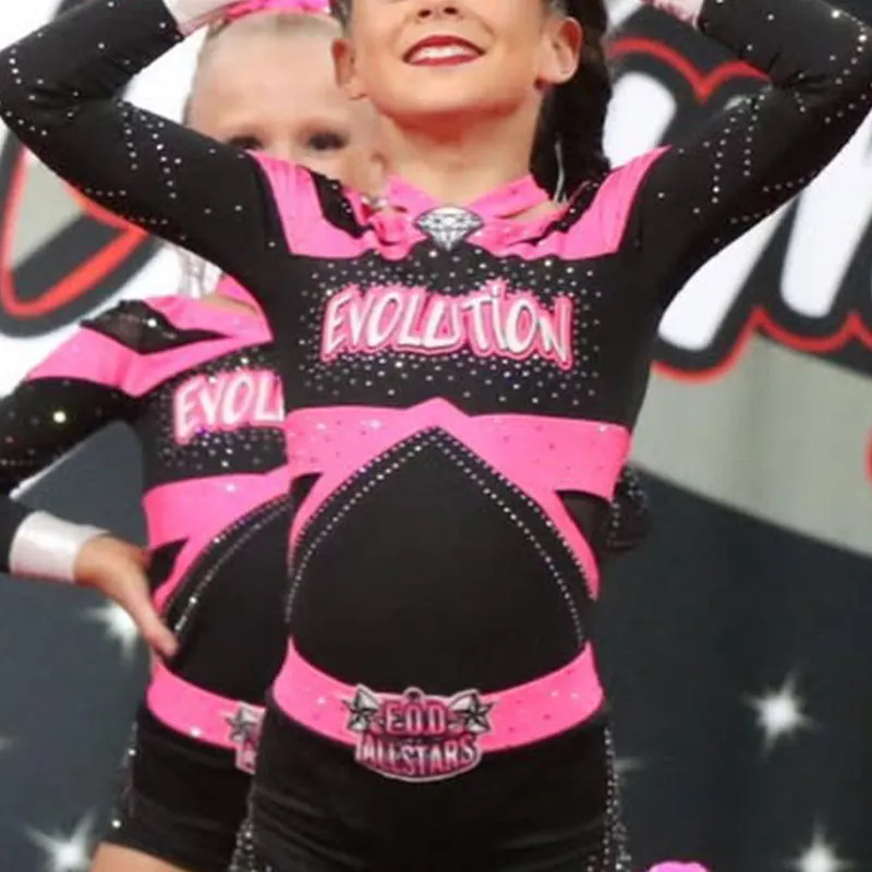 Sparkly Rhinestone Embellished Cheerleading Uniform Pink Black Colorblock Long Sleeve Cheer Competition Training Apparel – photo 8