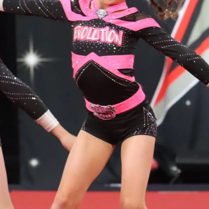 Sparkly Rhinestone Embellished Cheerleading Uniform Pink Black Colorblock Long Sleeve Cheer Competition Training Apparel – photo 9