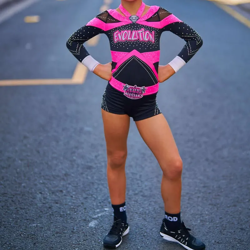 Sparkly Rhinestone Embellished Cheerleading Uniform Pink Black Colorblock Long Sleeve Cheer Competition Training Apparel – photo 10