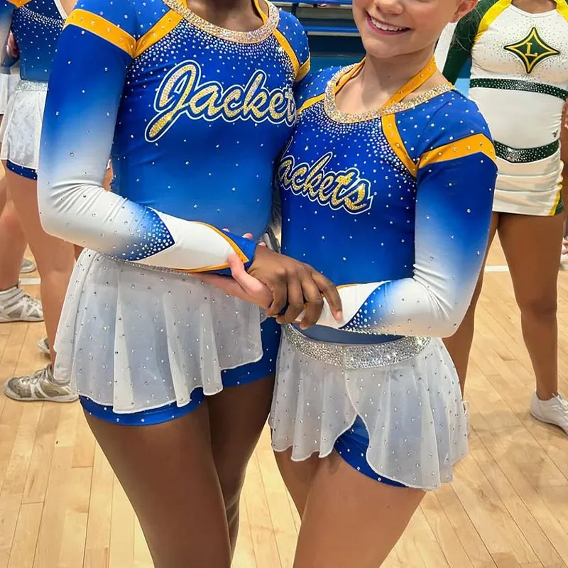 Cheerleading Uniform Sets for Children Girls Team Blue Yellow Designs Spandex/Polyester Digital Print – photo 2